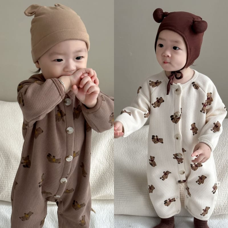 【BABY】くまワッフル前開き長袖ベビーロンパース