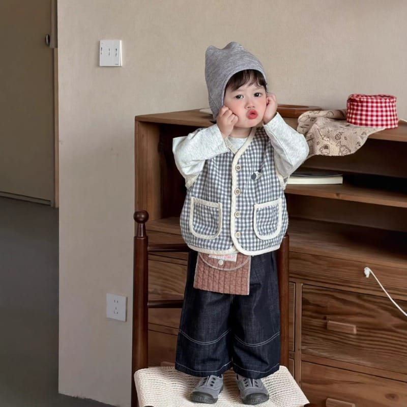 チェックベスト長袖トップスデニムパンツ3点セット
