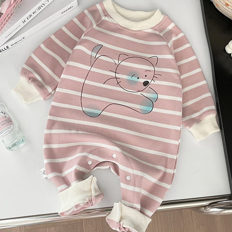 【BABY】ねこイラストストライプ長袖ロンパース