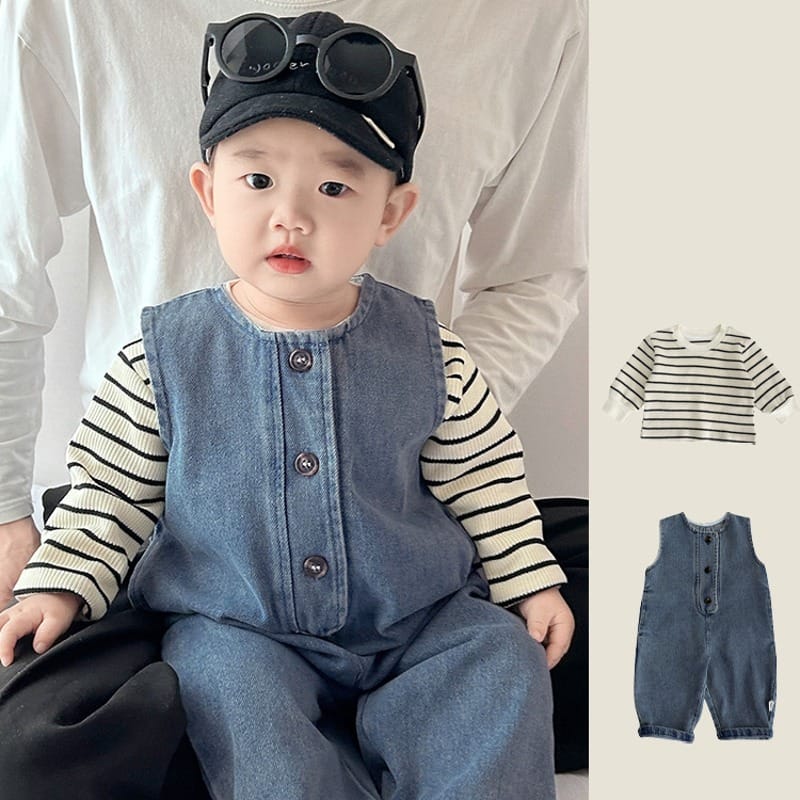 【セット】ストライプTシャツデニムロンパースセット