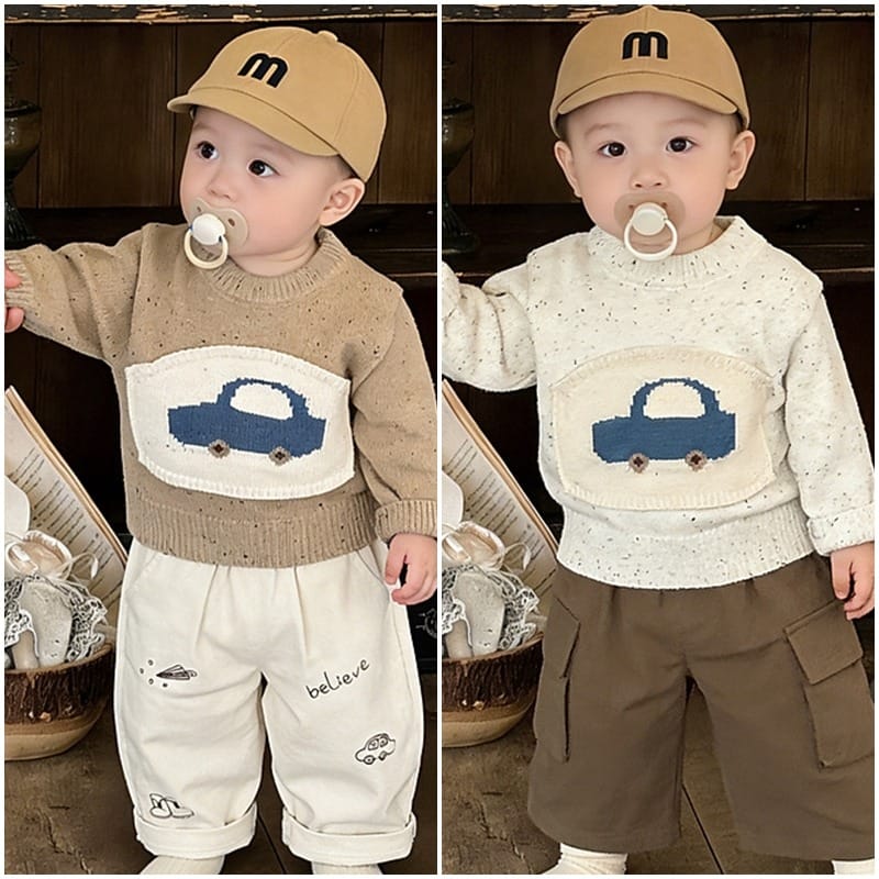 車モチーフクルーネック長袖ニットTシャツ