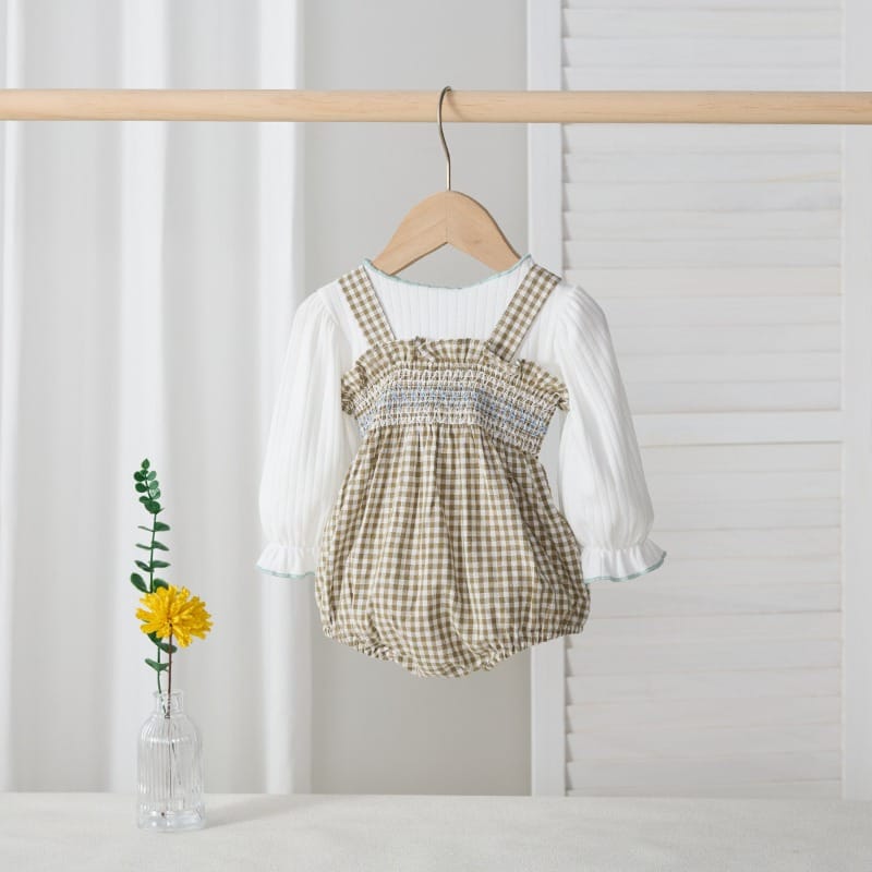 フリル長袖Tシャツチェックロンパースセット