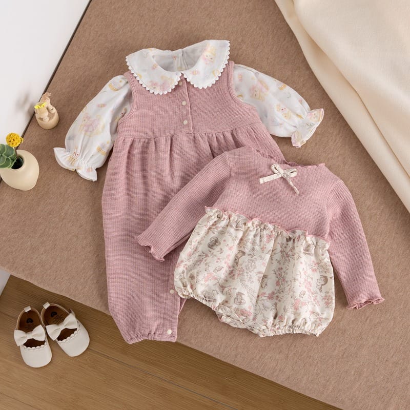 【BABY】春アニマルフラワープリント長袖ロンパース