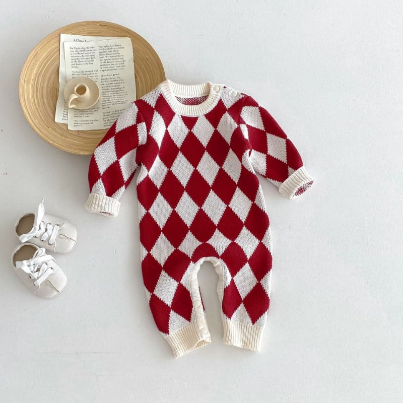 【BABY】リバーラッキーチェック長袖ニットロンパース
