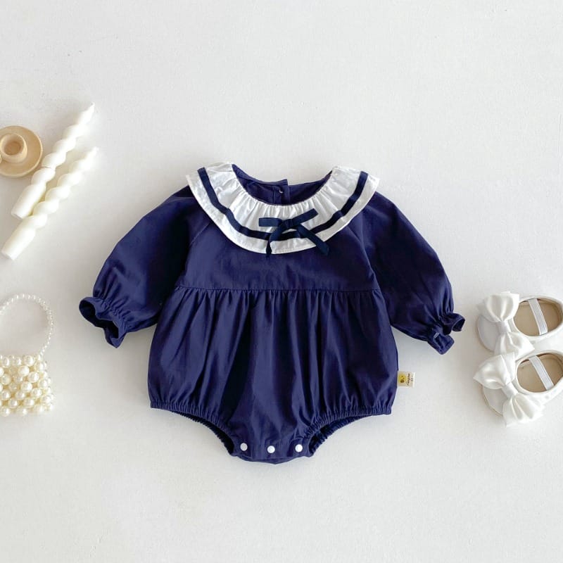 【BABY】ネイビーセーラーカラーフリル長袖ロンパース
