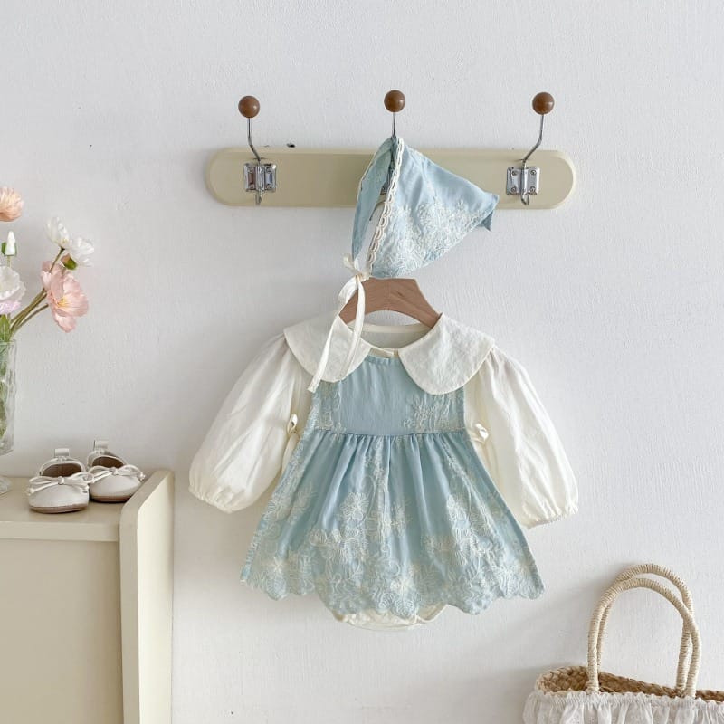 【セット】襟付き長袖ロンパース花柄刺繍ベスト帽子3点セット