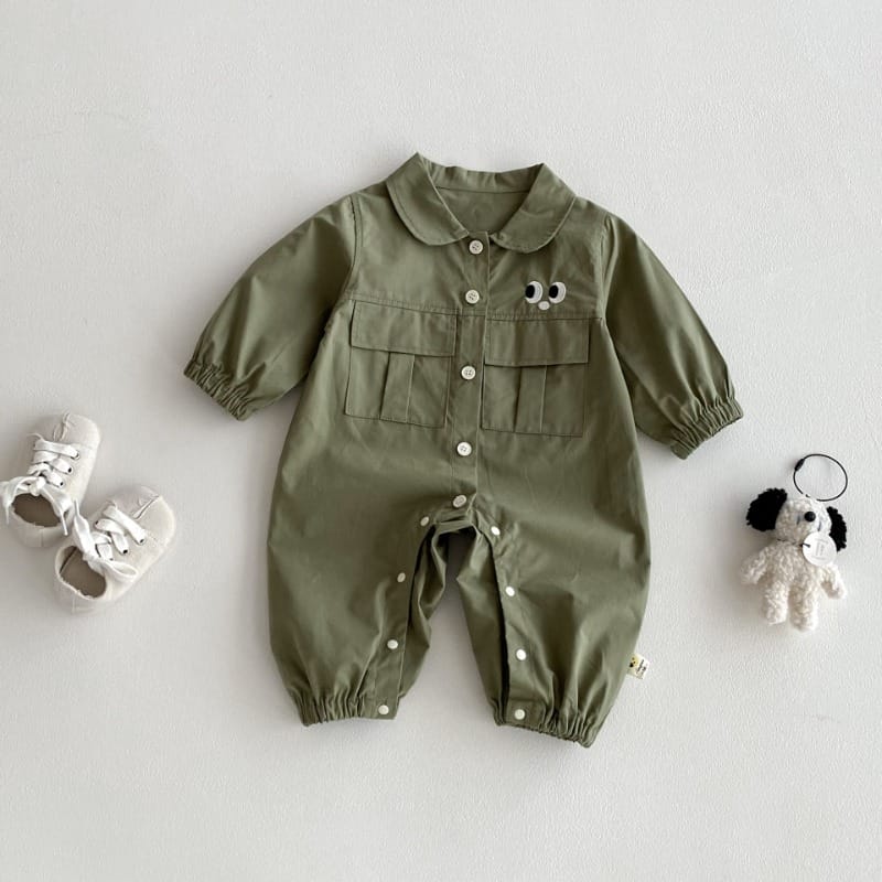 【BABY】アイ刺繍ワークポケット長袖ロンパース