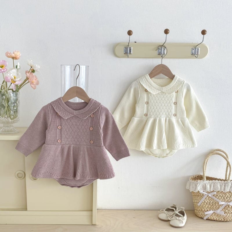 【BABY】フリル襟ニットワンピース風ロンパース