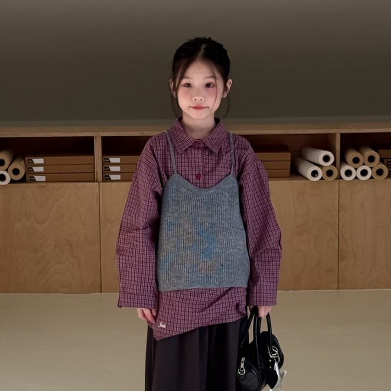 パープルチェックシャツグレーベストセット