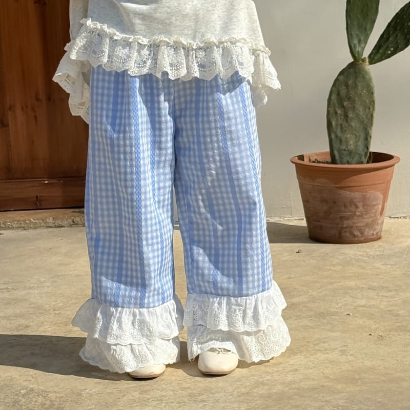 チェックレース裾フリルワイドロングパンツ