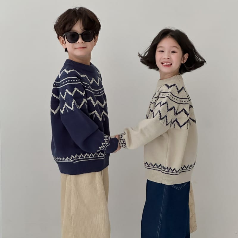 【KID】波模様エスニック柄クルーネックニットセーター