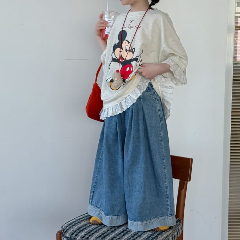 配色切替ウエストゴムデニムワイドパンツ