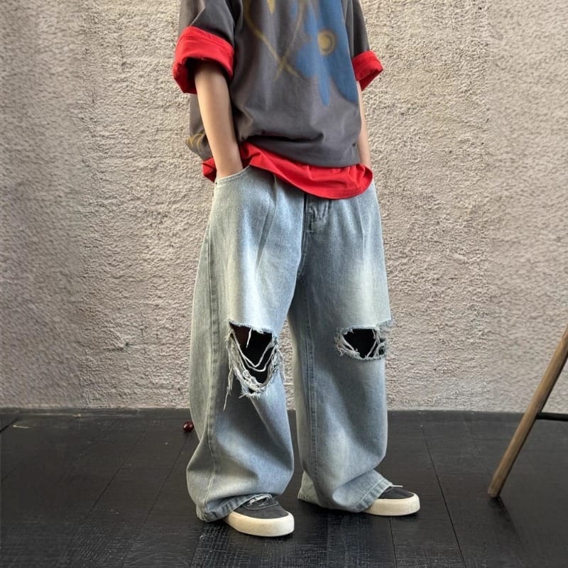 ダメージ加工ワイドシルエットデニムパンツ