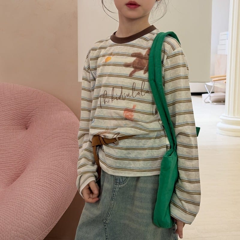 くまプリントストライプ柄クルーネック長袖Tシャツ