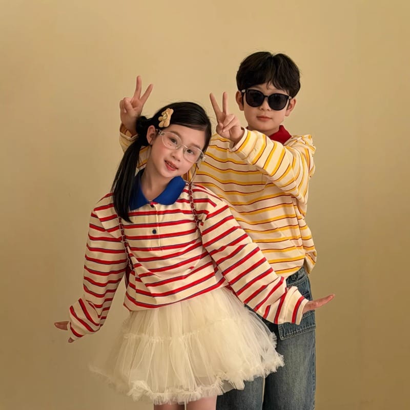 【KID】キャンディストライプ襟付き長袖Tシャツ