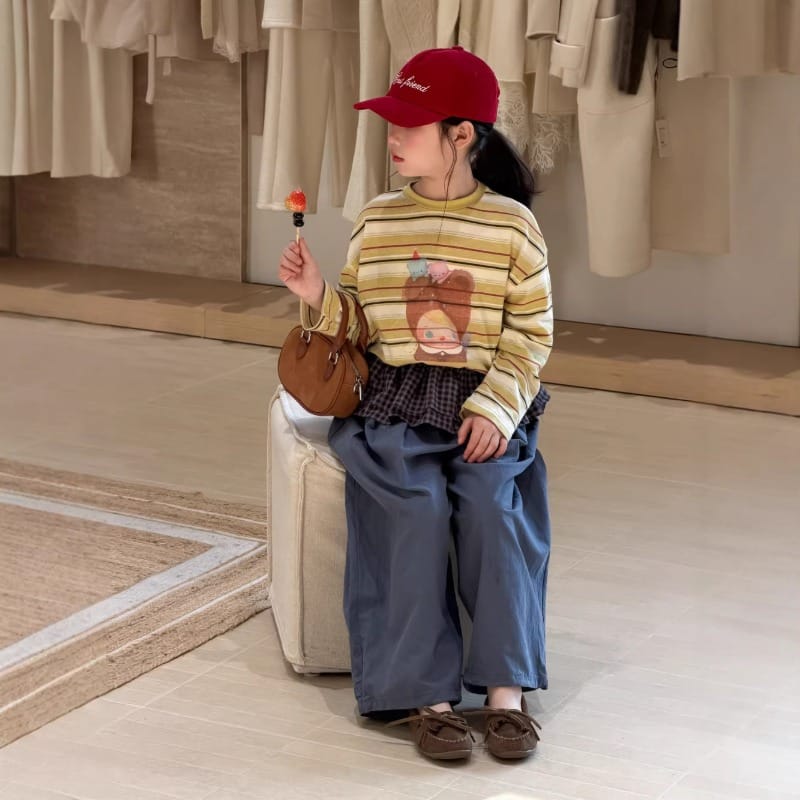 くまプリントストライプクルーネック長袖Tシャツ
