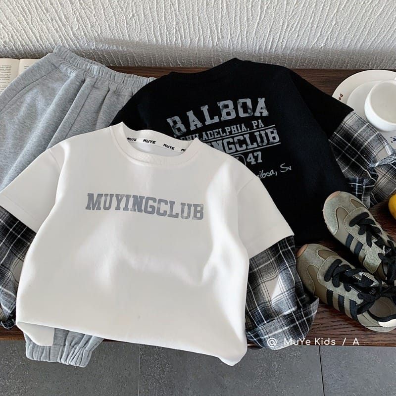 【KID】英字ロゴフェイクレイヤードチェック袖Tシャツ