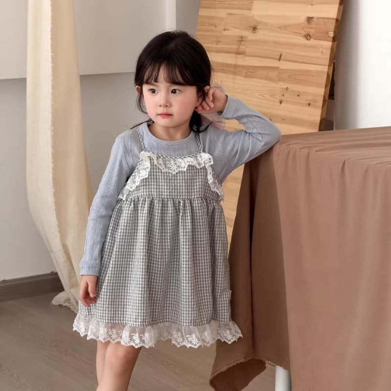 ブルーTシャツグレーチェックレースワンピースセット