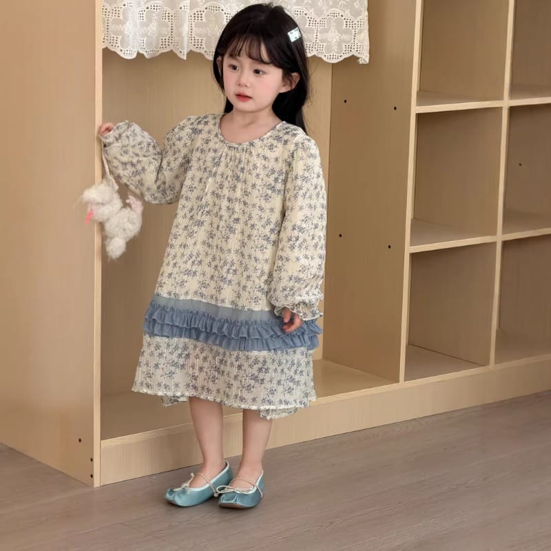 【KID】スカイフラワーフリルシフォンワンピース