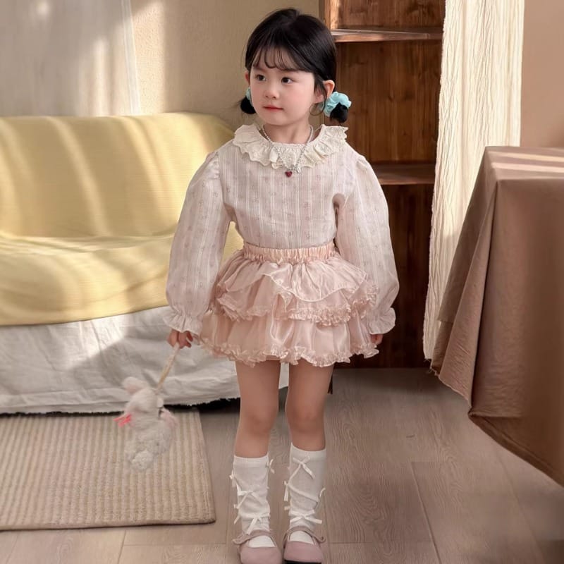 【KID】フリルレースカラーリボン小花柄ブラウス