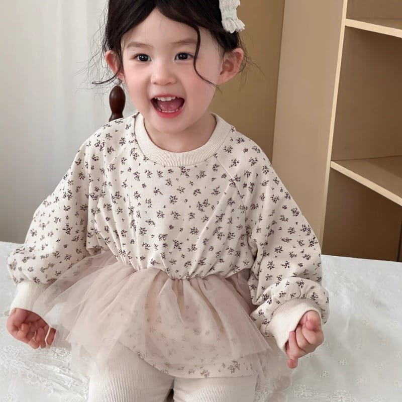 小花柄チュール切替長袖プルオーバー