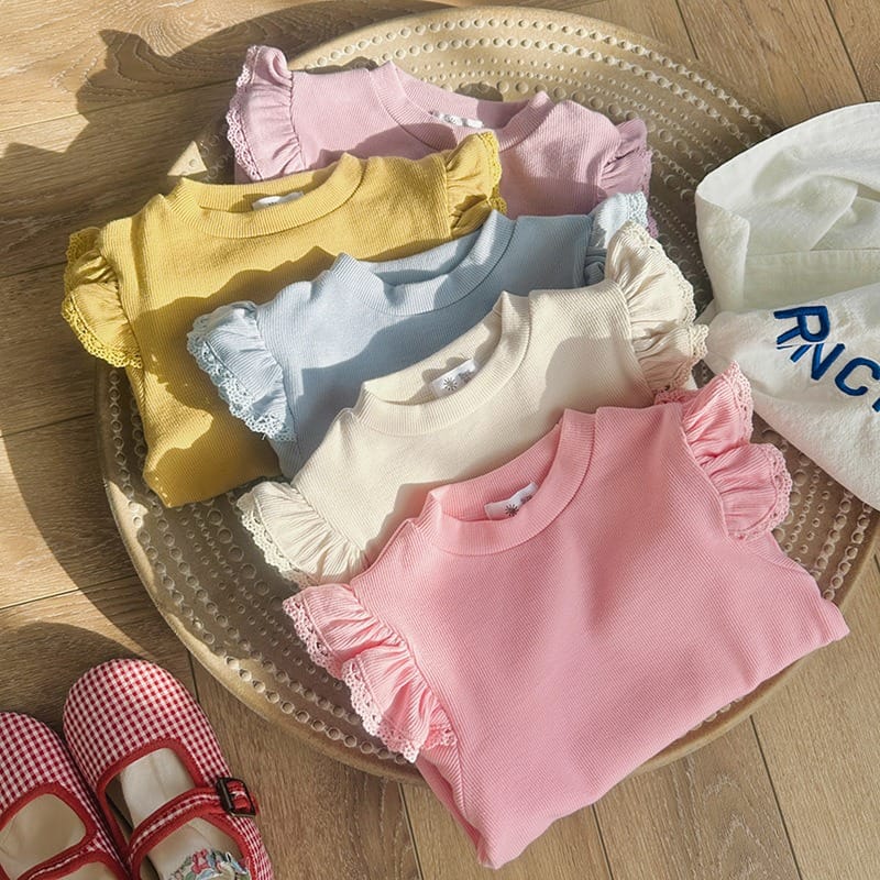 【KID】ショルダーレースフリルリブ長袖Tシャツ