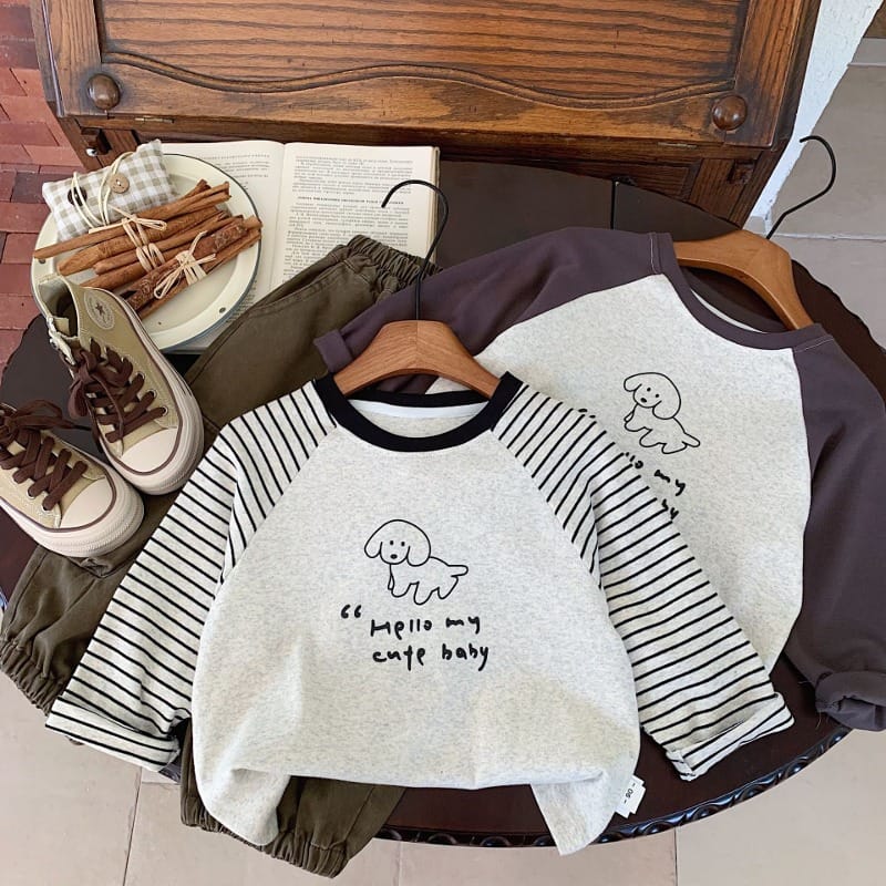 【KID】いぬイラスト配色ラグラン長袖Tシャツ