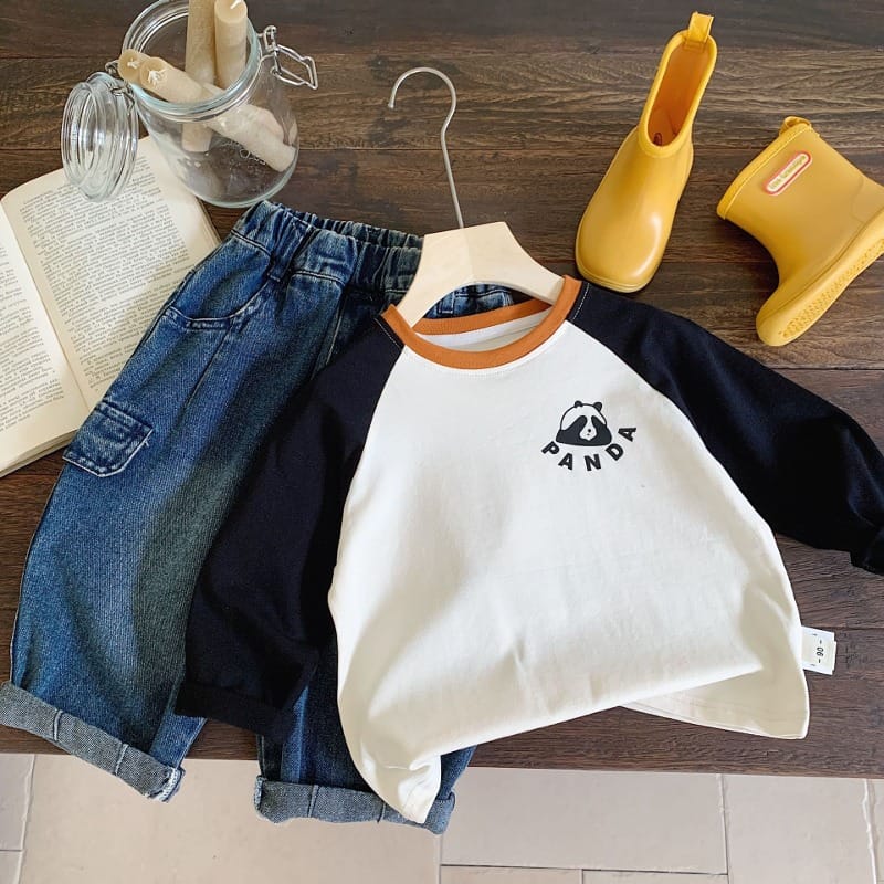パンダプリント配色ラグラン長袖Tシャツ