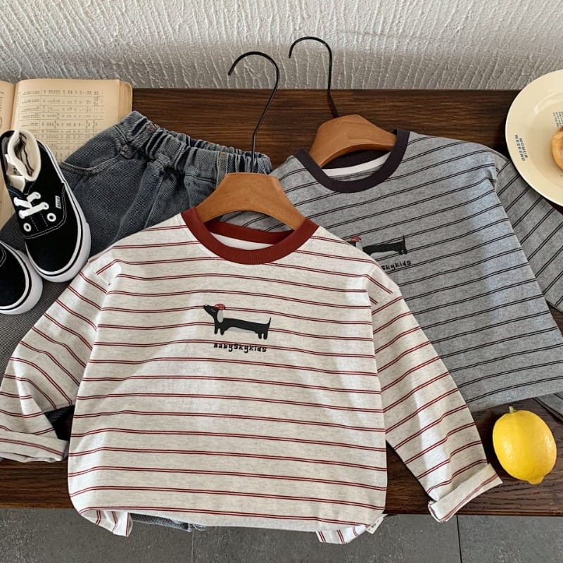 【KID】ストライプダックスフント長袖Tシャツ