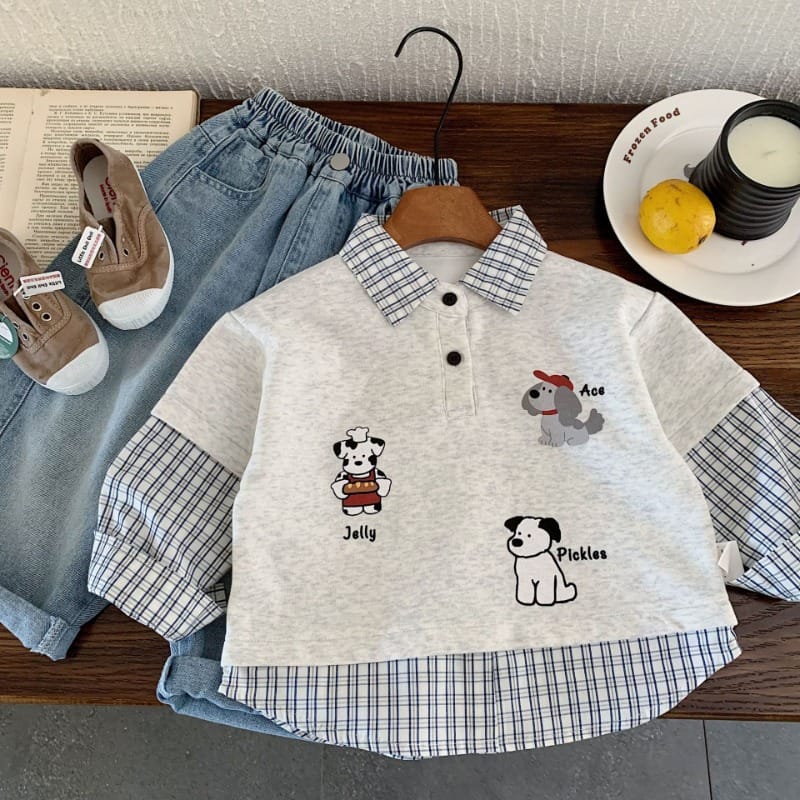 【KID】いぬプリントチェック柄シャツ重ね着風トレーナー