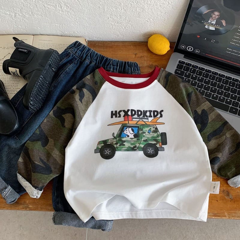 【KID】カモフラージュカープリントラグラン長袖Tシャツ