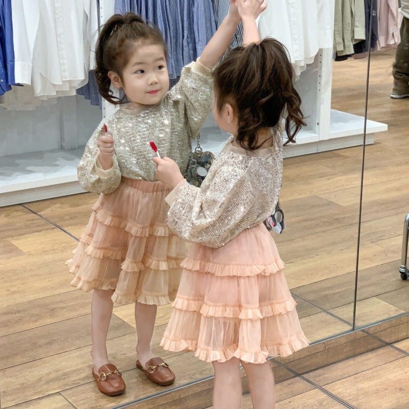 ピーチオレンジフリルティアードスカート