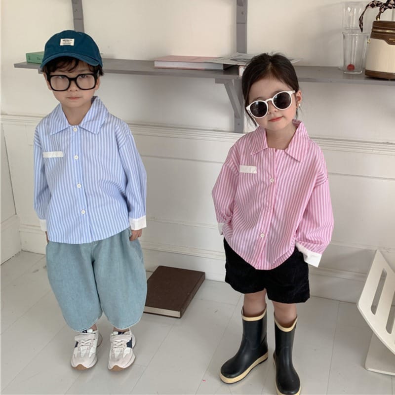 【KID】配色切替バイカラーストライプ長袖シャツ