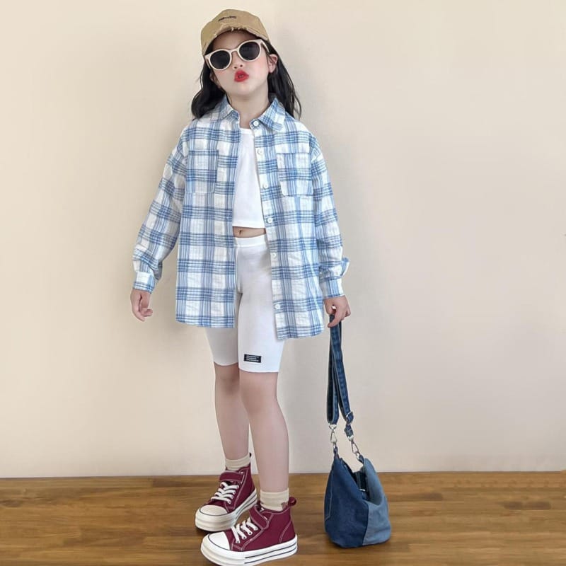 ブルーチェック柄長袖ロングシャツジャケット