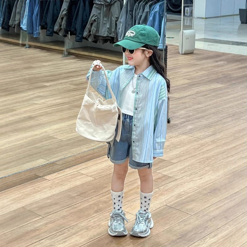 【KID】ブルーストライプ配色切り替え長袖シャツ