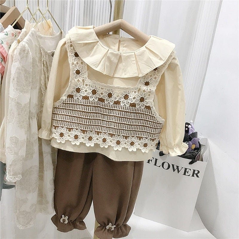 フラワーブラウスベストパンツ3点セット