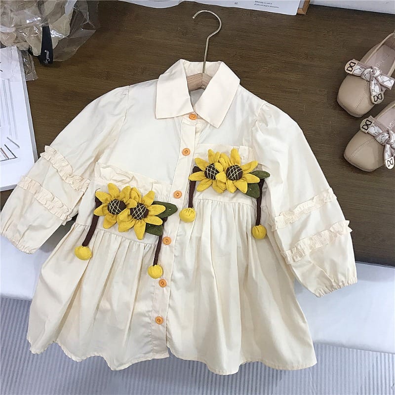 ひまわりモチーフフリル長袖シャツワンピース