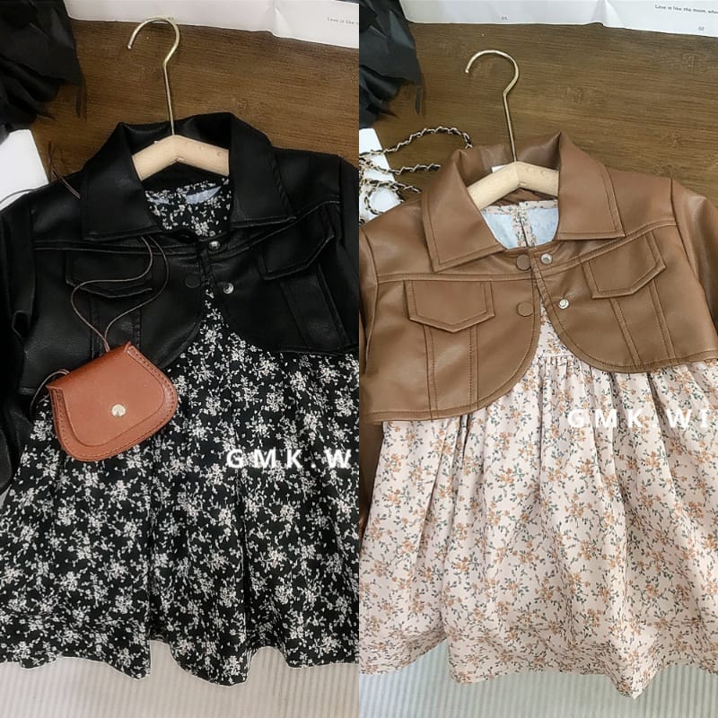 小花柄ワンピースフェイクレザージャケットセットアップ