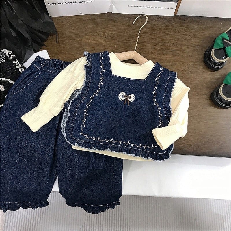 星屑刺繍デニムベスト長袖Tシャツ長パンツ3点セット
