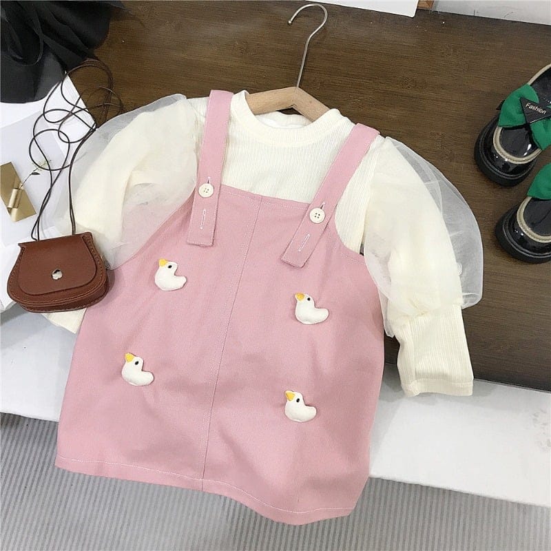 アヒルパフスリーブTシャツジャンパースカートセット