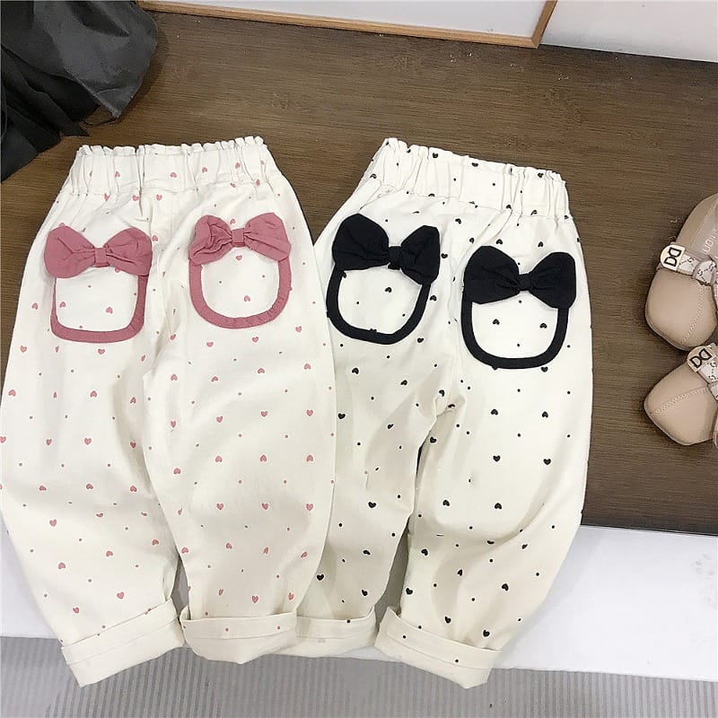 【KID】リボンポケットハート柄ウエストゴムロングパンツ
