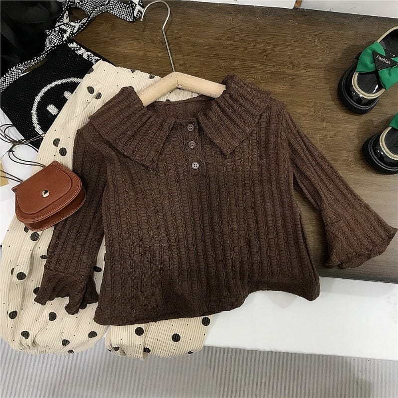 フリル襟長袖Tシャツドット柄パンツセットアップ