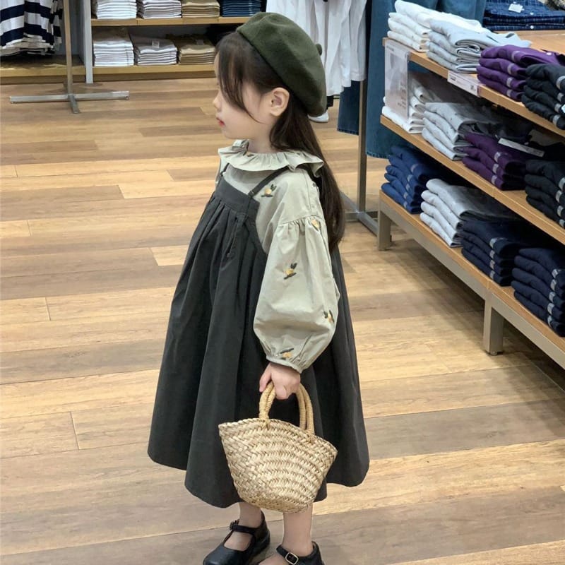 【セット】レモン刺繍フリルブラウスサロペットワンピースセット