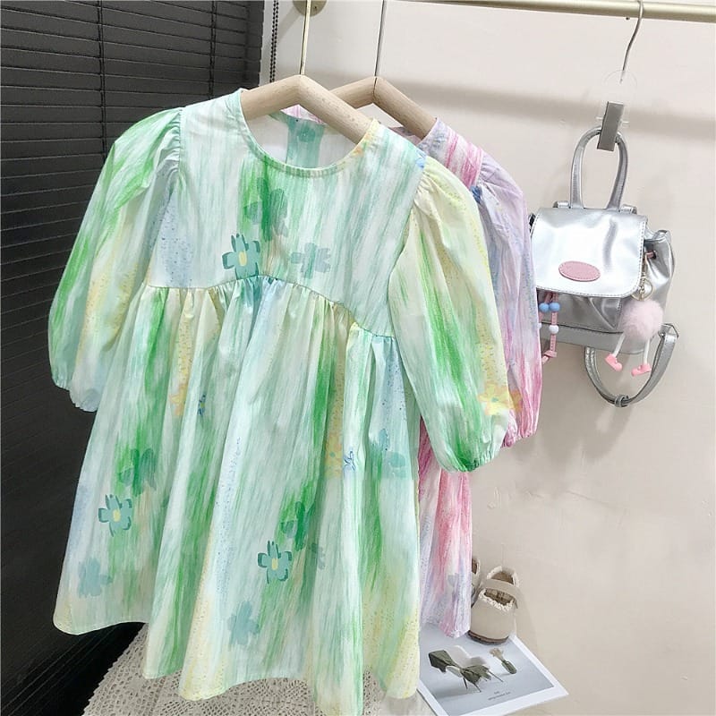 【KID】水彩画風花柄パフスリーブ長袖ワンピース