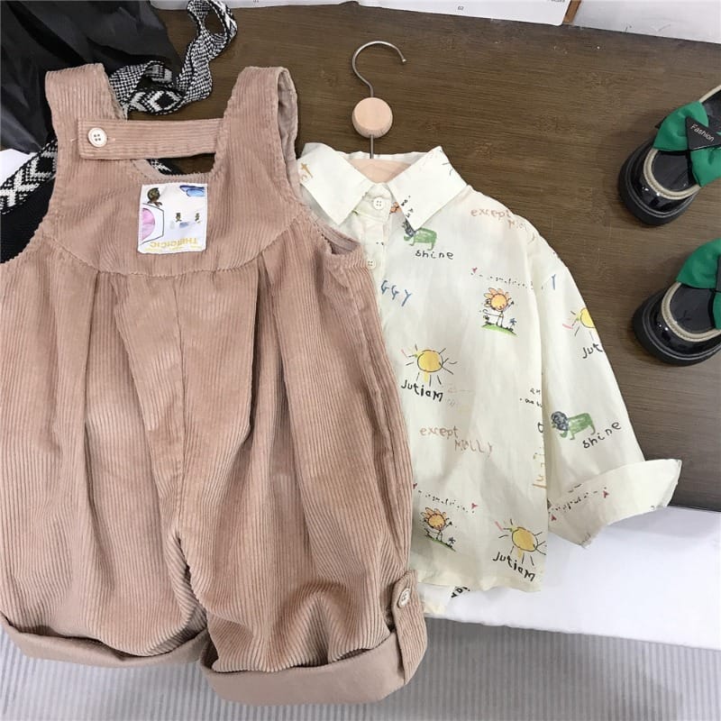 オータムラテプリントシャツコーデュロイサロペットセット