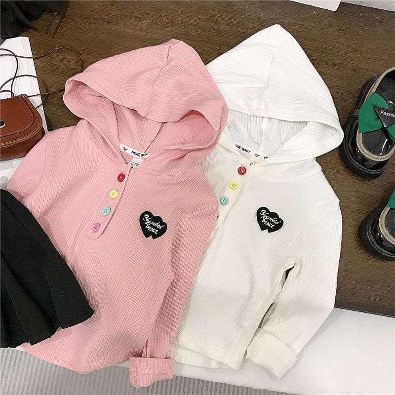 カラーボタンハートパッチフード長袖Tシャツ