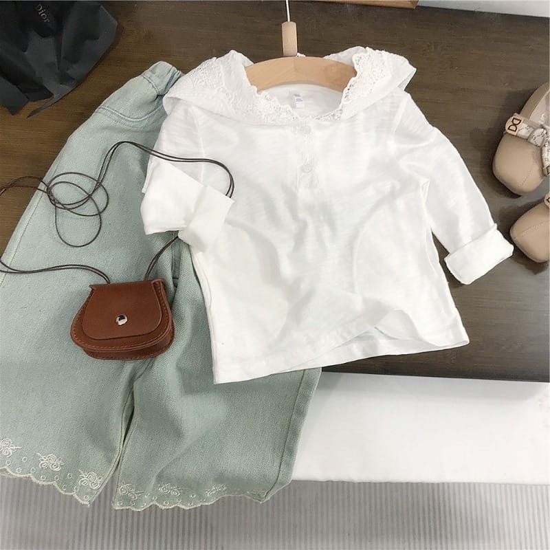 レースフードTシャツ刺繍デニムパンツセットアップ