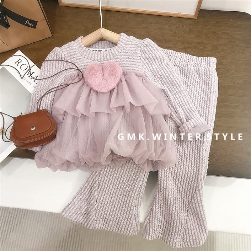 ハートモチーフチュールフリルフレアパンツセットアップ