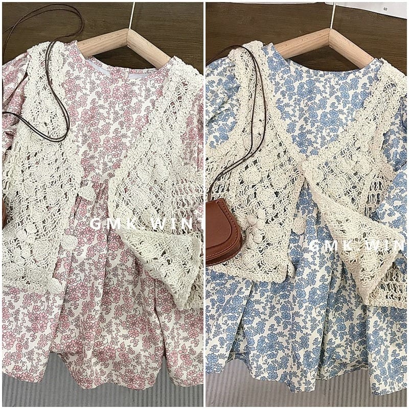 小花柄長袖ワンピースクロシェベストセット