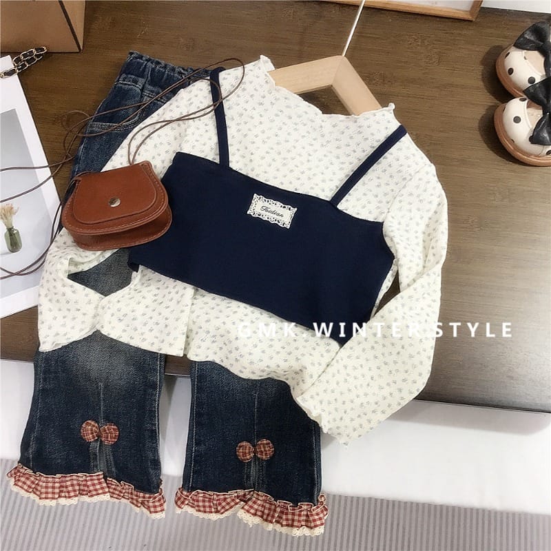 小花柄フェイクレイヤード長袖Tシャツ